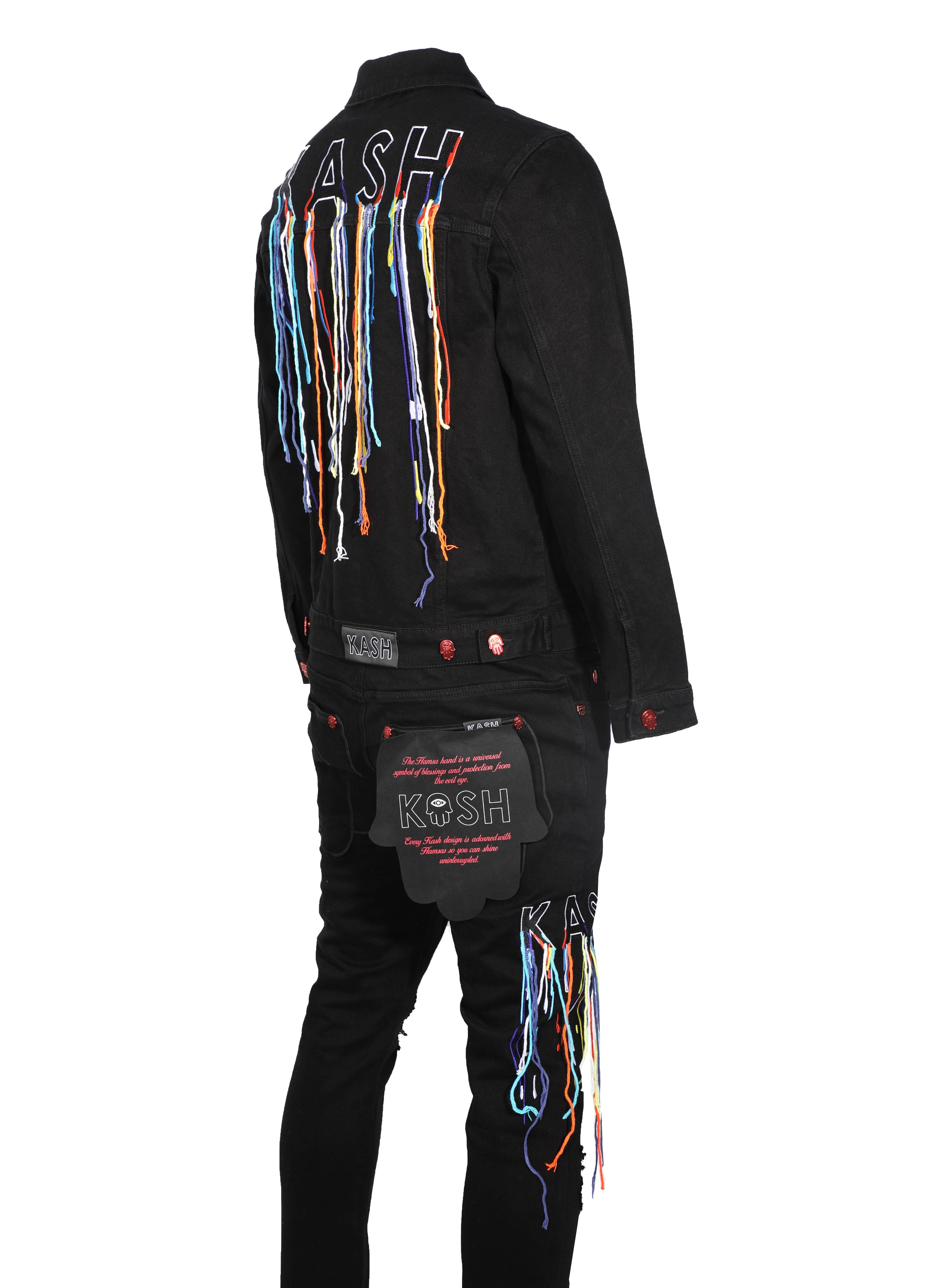 HAMSA POCKET DENIM WITH MULTICOLOR STRINGS - BLACK