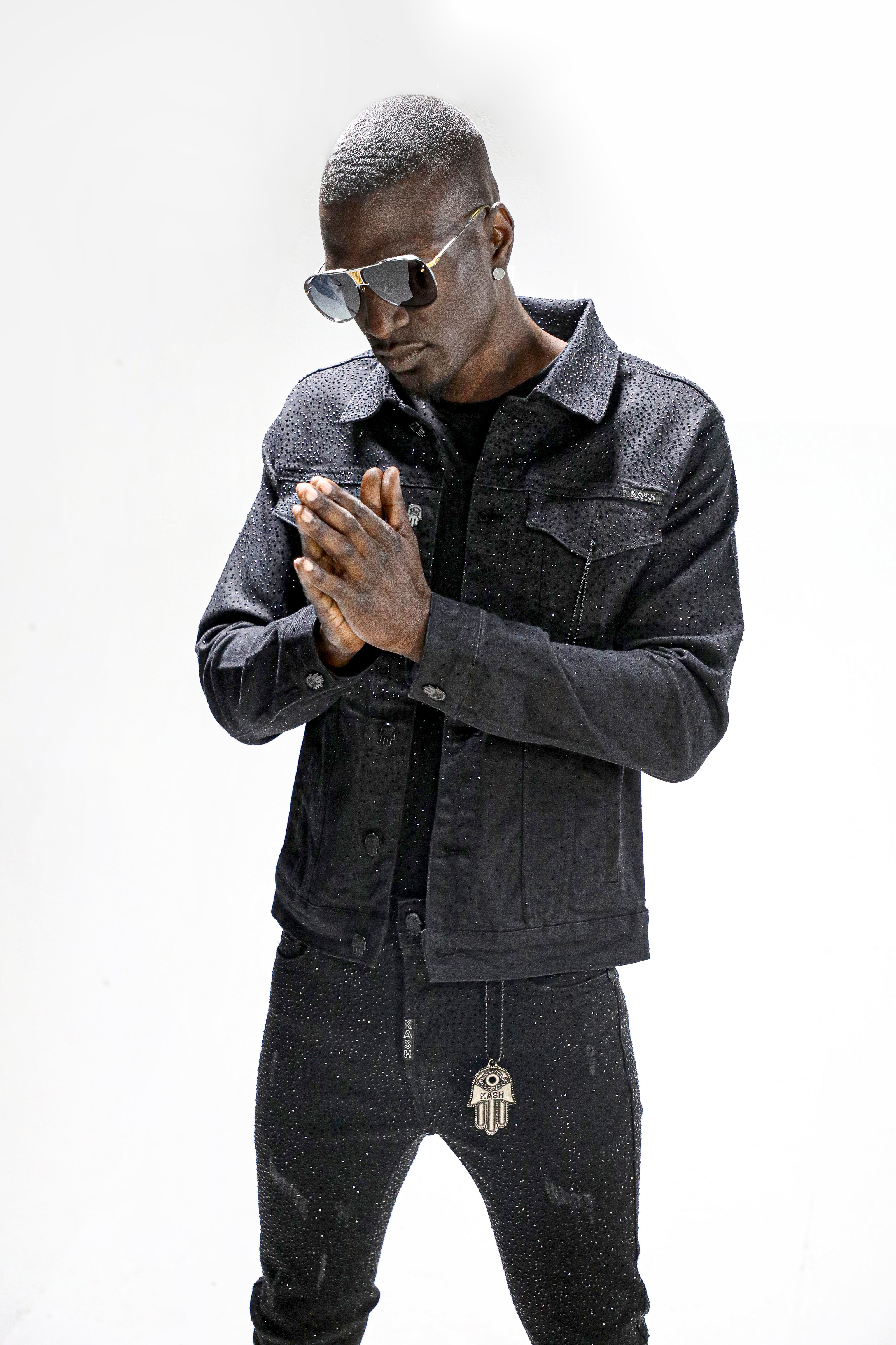 KASH DIAMOND COLLECTION-BLACK DENIM JACKET WITH BLACK CRYSTALS