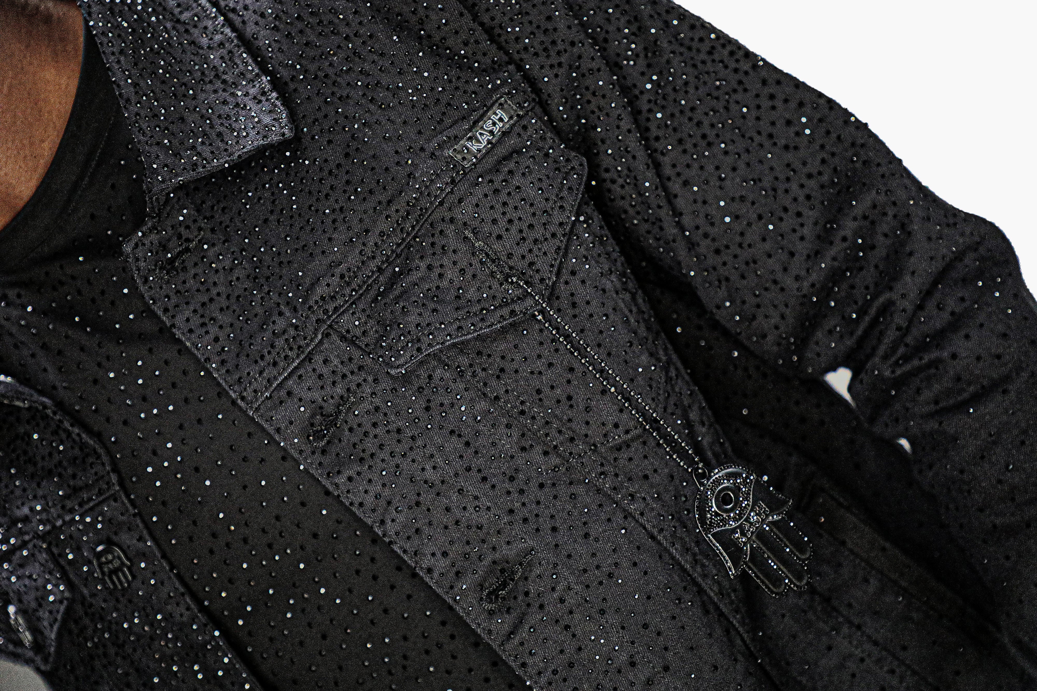 KASH DIAMOND COLLECTION-BLACK DENIM JACKET WITH BLACK CRYSTALS