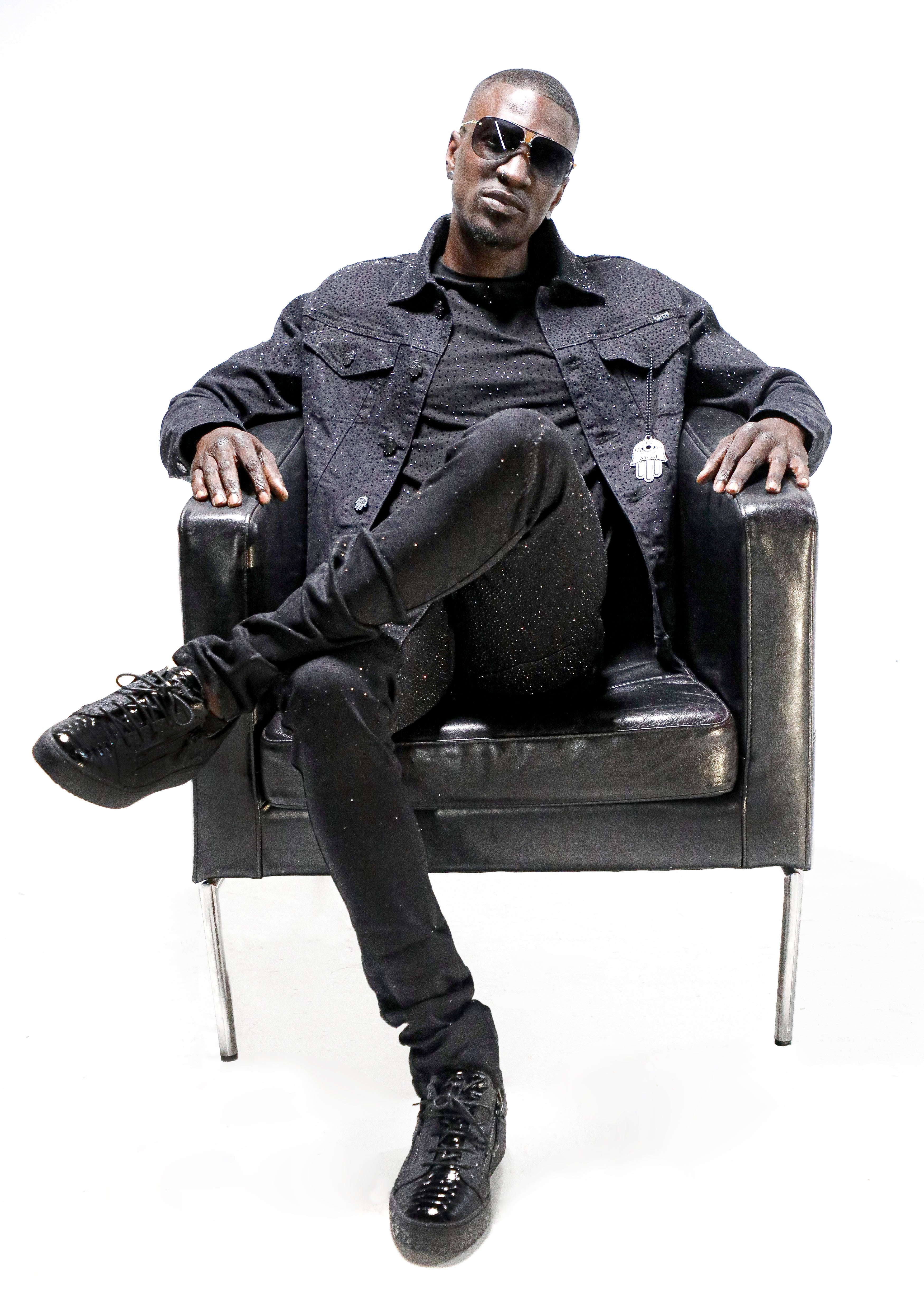 KASH DIAMOND COLLECTION-BLACK DENIM JACKET WITH BLACK CRYSTALS