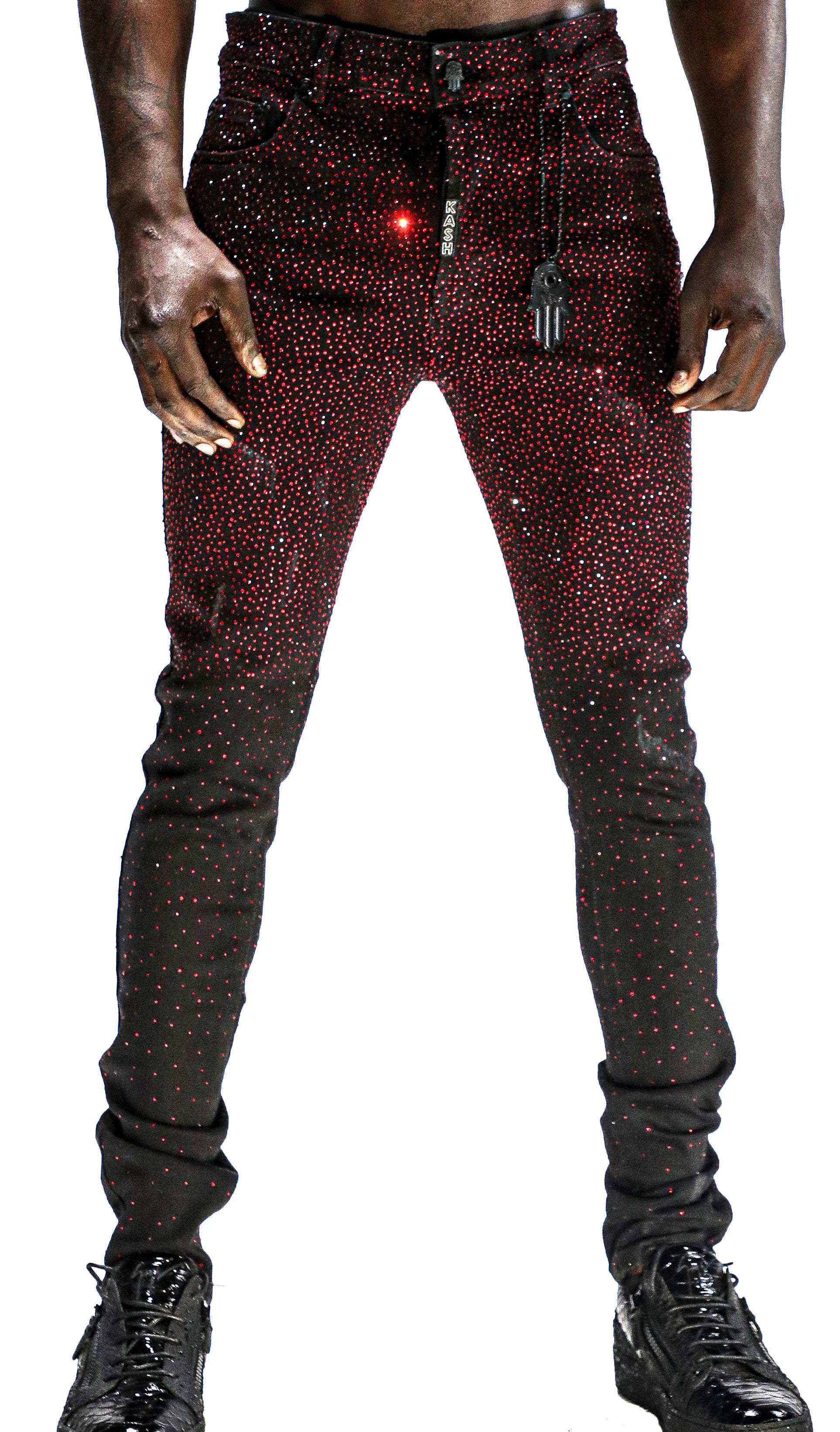 KASH DIAMOND COLLECTION- SLIM FIT BLACK DENIM WITH RED CRYSTALS