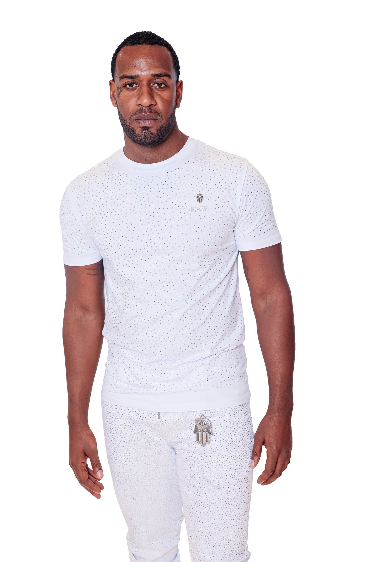 KASH DIAMOND COLLECTION-WHITE TEE SHIRT WITH CLEAR CRYSTALS