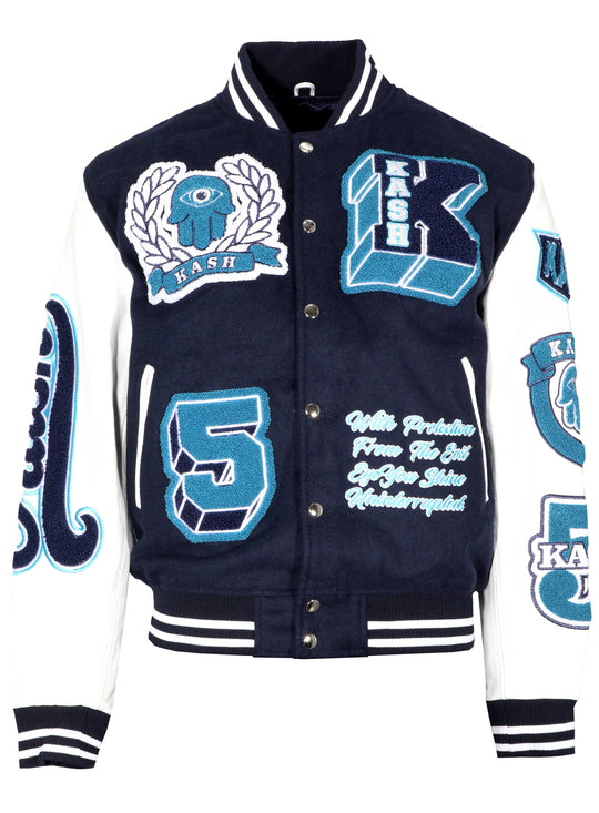 KASH CHENILLE PRINT VARSITY JACKET - NAVY