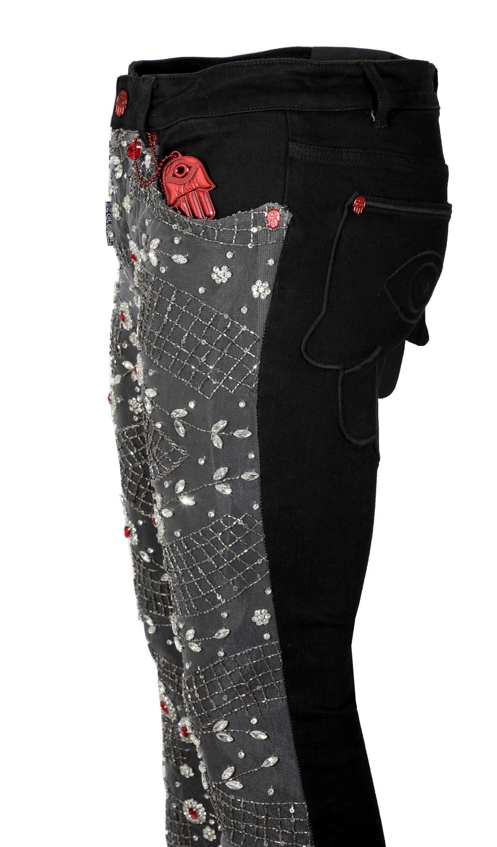 KASH COUTURE DIAMOND STACKED DENIM -Black with Clear/Red