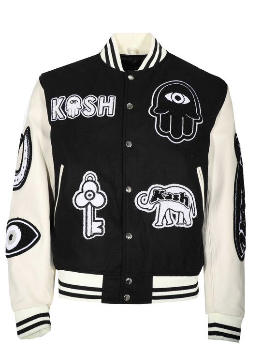 KASH CHENILLE PRINT VARSITY JACKET - BLACK