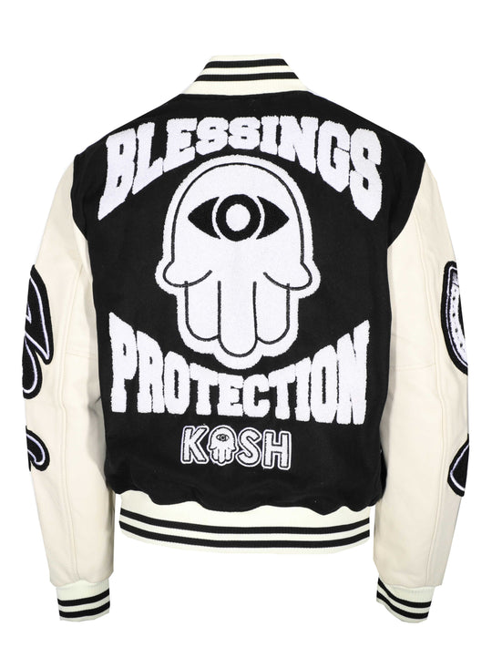 KASH CHENILLE PRINT VARSITY JACKET - BLACK