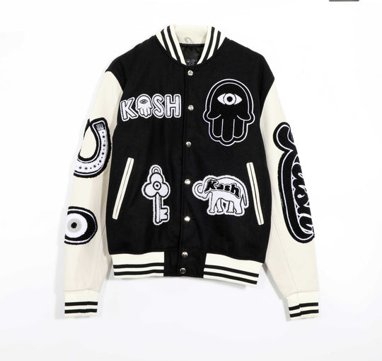 KASH CHENILLE PRINT VARSITY JACKET - BLACK