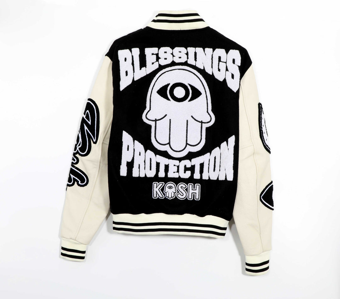 KASH CHENILLE PRINT VARSITY JACKET - BLACK