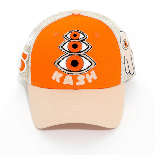 KASH CHENILLE HAMSA EYES SNAPBACK - ORANGE W/ TAN