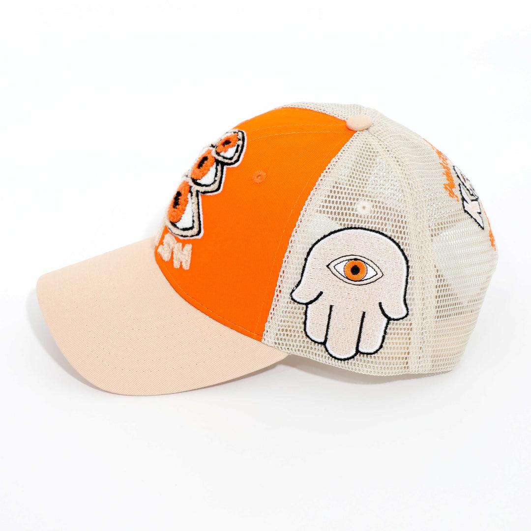 KASH CHENILLE HAMSA EYES SNAPBACK - ORANGE W/ TAN