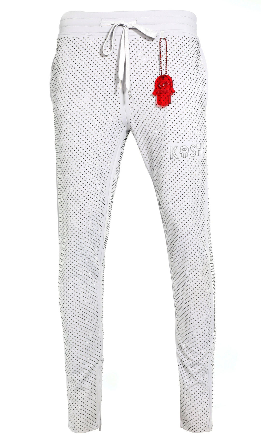Kash Crystal Track Pants with Hamsa Logo Side Stripes detail Color: Light Grey Wrinkle Free Material Fits true to size