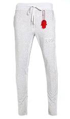 Kash Crystal Track Pants with Hamsa Logo Side Stripes detail Color: Light Grey Wrinkle Free Material Fits true to size