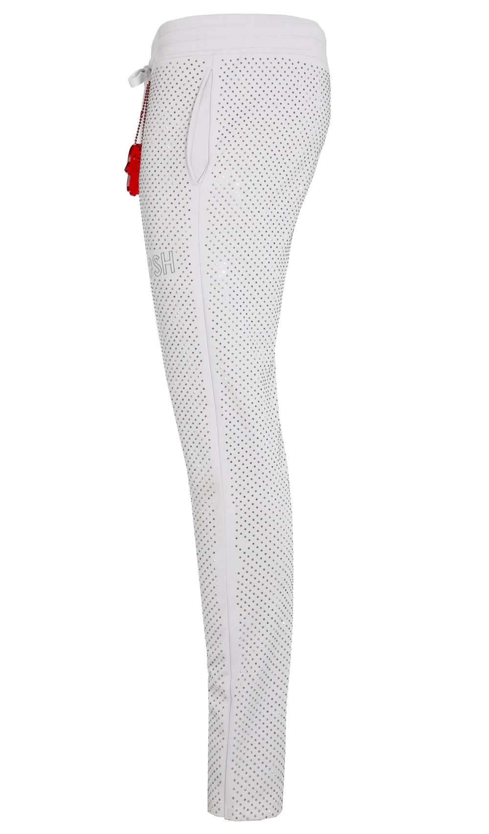 Kash Crystal Track Pants with Hamsa Logo Side Stripes detail Color: Light Grey Wrinkle Free Material Fits true to size