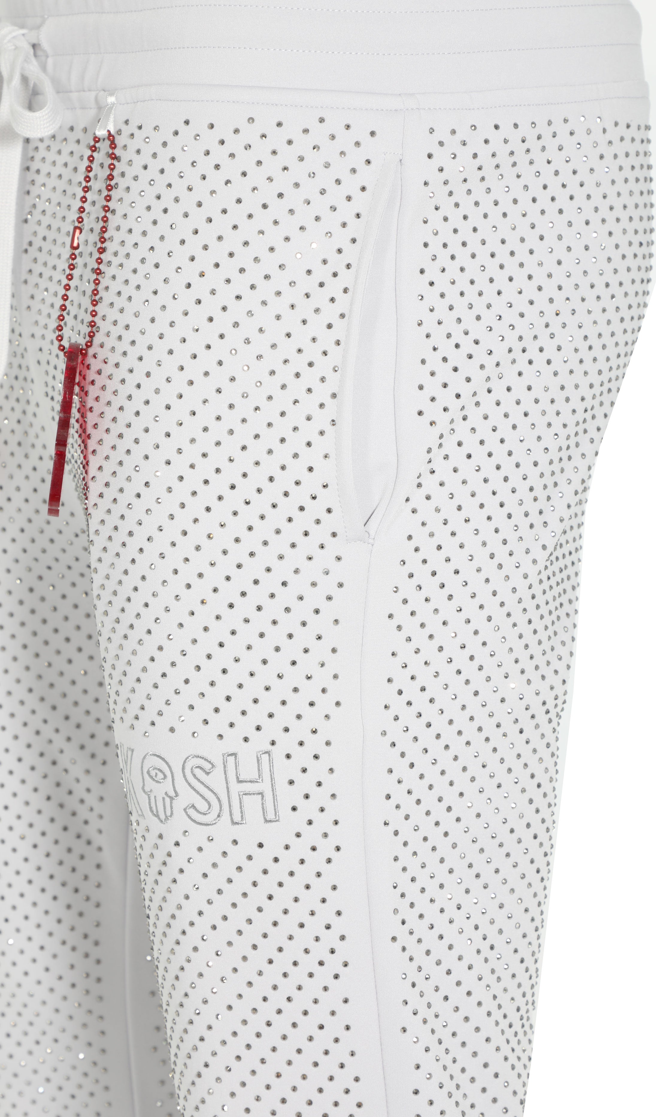 Kash Crystal Track Pants with Hamsa Logo Side Stripes detail Color: Light Grey Wrinkle Free Material Fits true to size