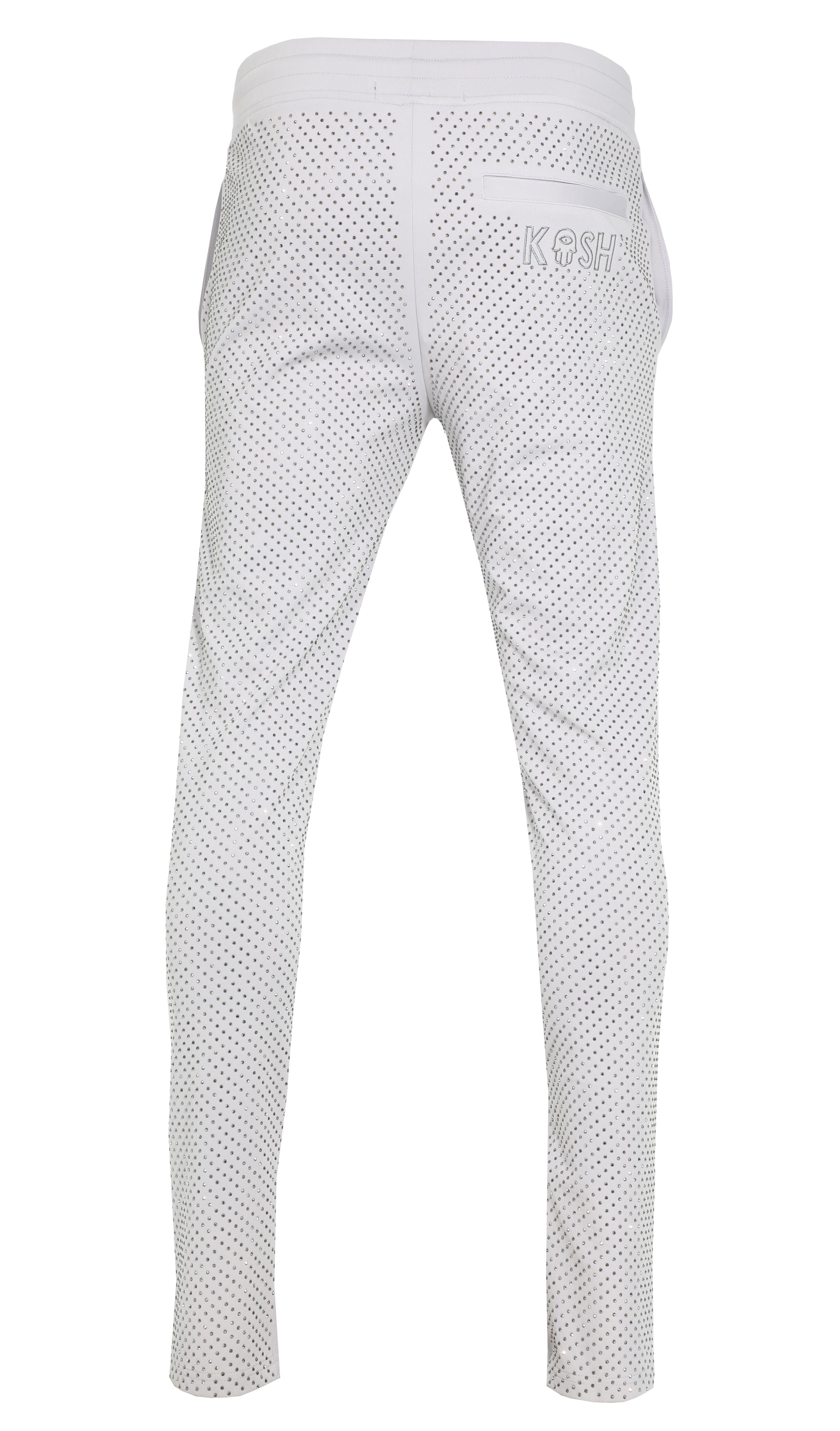 Kash Crystal Track Pants with Hamsa Logo Side Stripes detail Color: Light Grey Wrinkle Free Material Fits true to size
