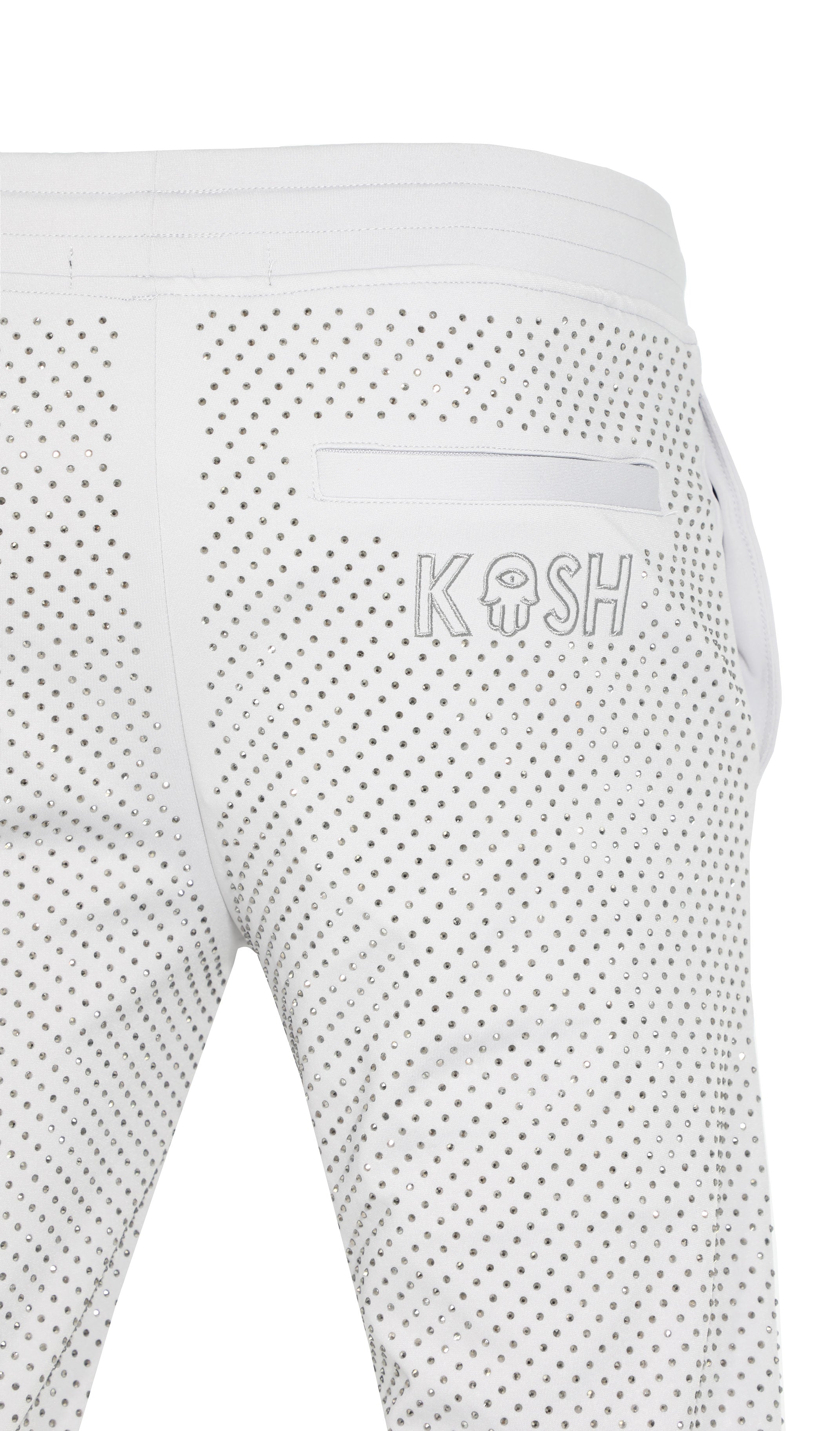 Kash Crystal Track Pants with Hamsa Logo Side Stripes detail Color: Light Grey Wrinkle Free Material Fits true to size