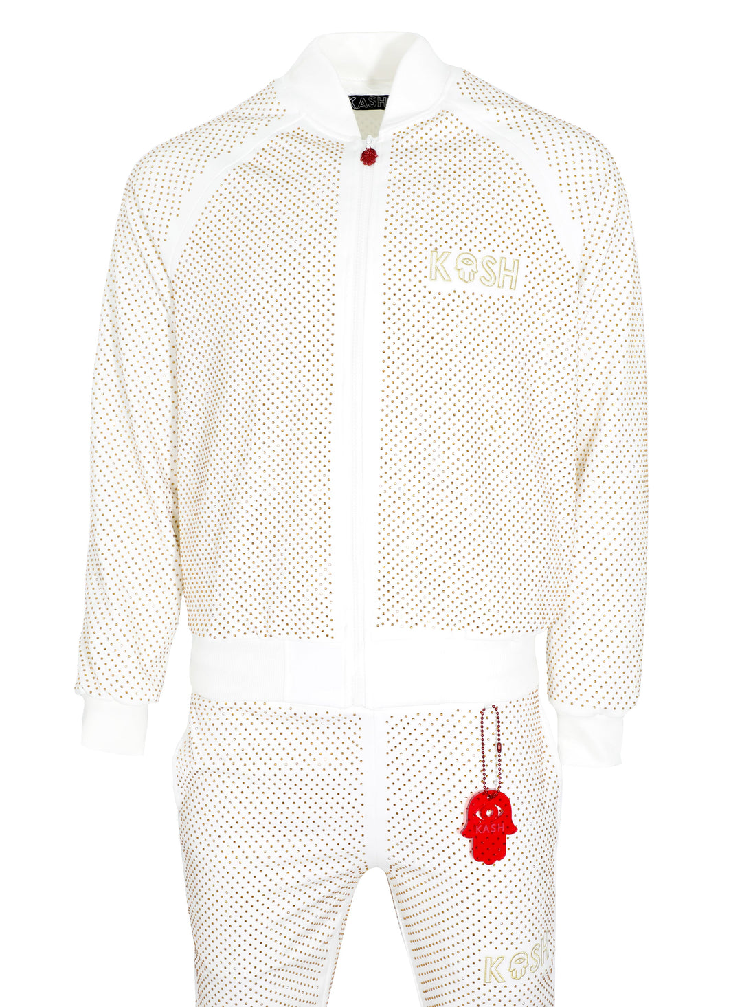 Kash Crystal Track Jacket with Hamso Logo 2.0 Long Sleeve Zip Closure Color: White and Gold Crystals 100% Polyester Wrinkle Free Material Fits true to size