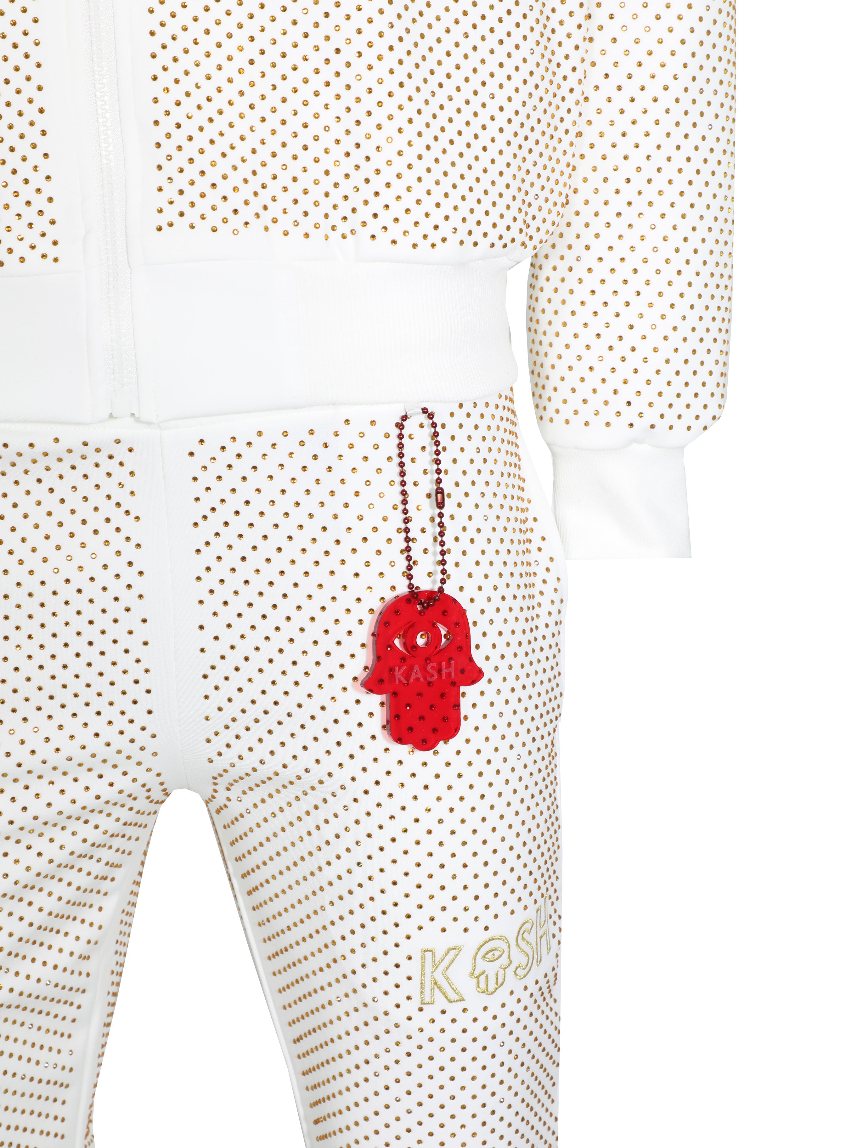 Kash Crystal Track Jacket with Hamso Logo 2.0 Elastic Waistband Drawstring closure Color: White and Gold Crystals 100% Polyester Wrinkle Free Material Fits true to size