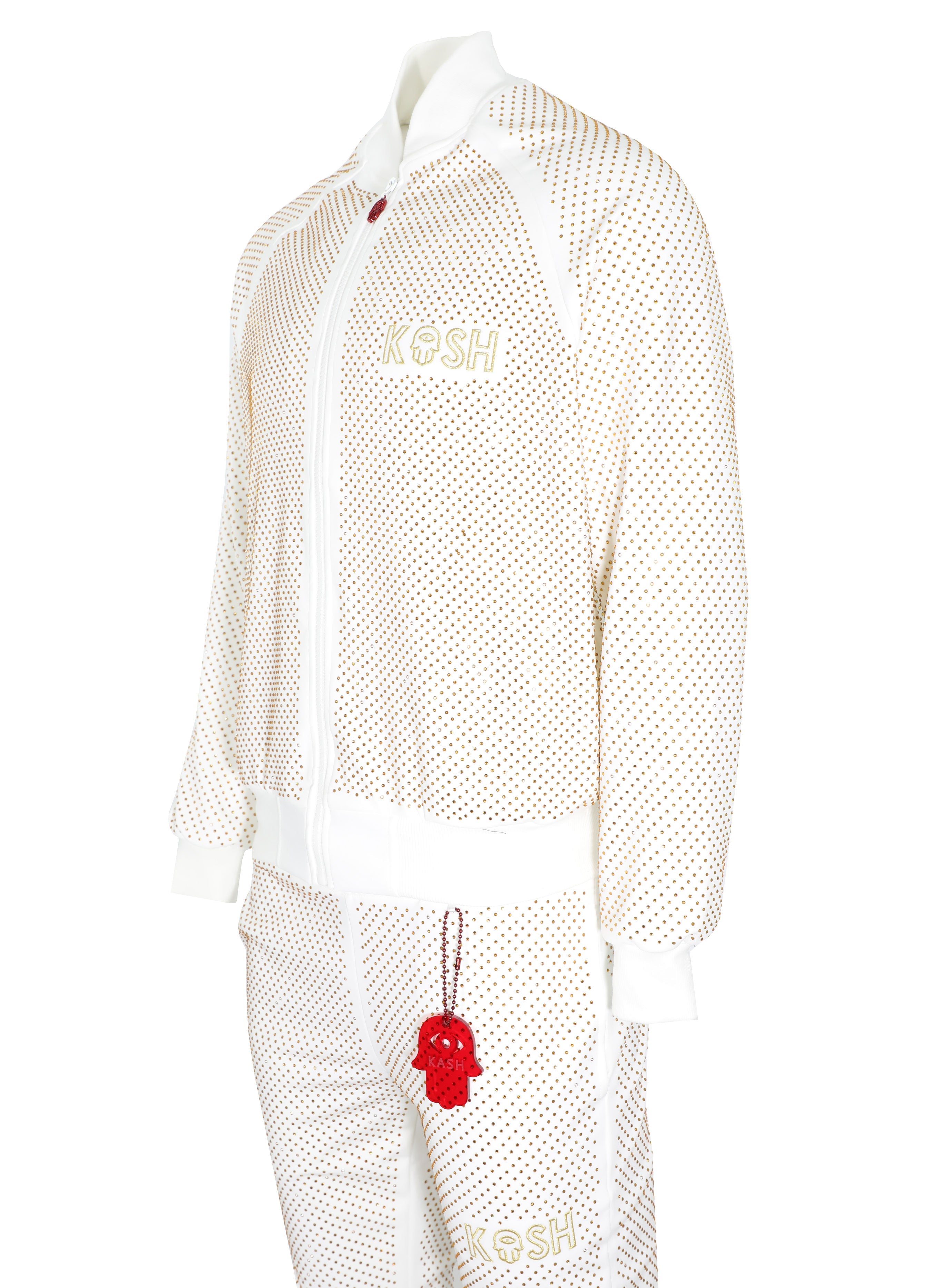 Kash Crystal Track Jacket with Hamso Logo 2.0 Elastic Waistband Drawstring closure Color: White and Gold Crystals 100% Polyester Wrinkle Free Material Fits true to size