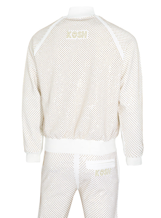 Kash Crystal Track Jacket with Hamso Logo 2.0 Elastic Waistband Drawstring closure Color: White and Gold Crystals 100% Polyester Wrinkle Free Material Fits true to size