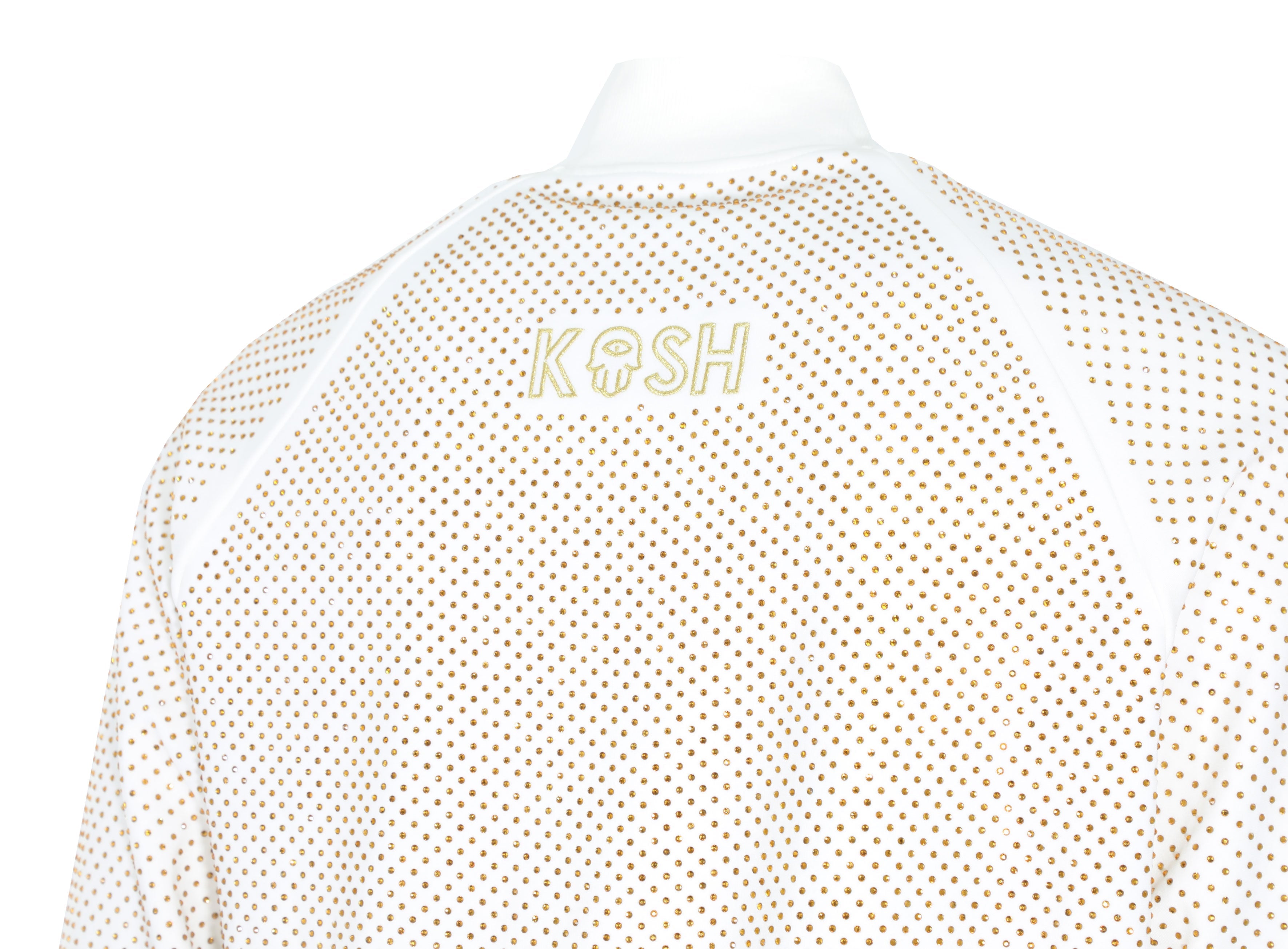 Kash Crystal Track Jacket with Hamso Logo 2.0 Long Sleeve Zip Closure Color: White and Gold Crystals 100% Polyester Wrinkle Free Material Fits true to size