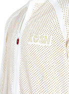 Kash Crystal Track Jacket with Hamso Logo 2.0 Long Sleeve Zip Closure Color: White and Gold Crystals 100% Polyester Wrinkle Free Material Fits true to size