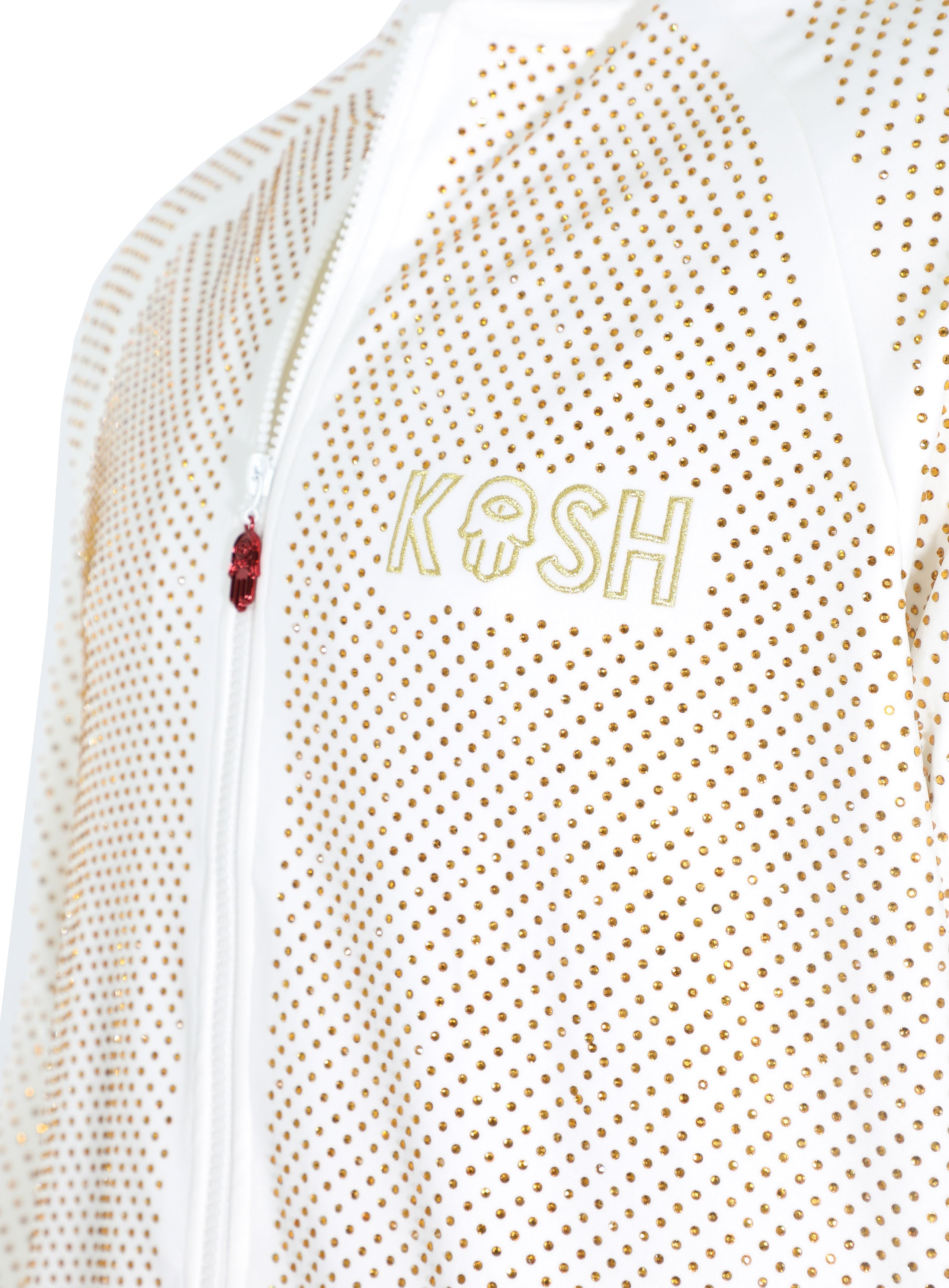 Kash Crystal Track Jacket with Hamso Logo 2.0 Long Sleeve Zip Closure Color: White and Gold Crystals 100% Polyester Wrinkle Free Material Fits true to size