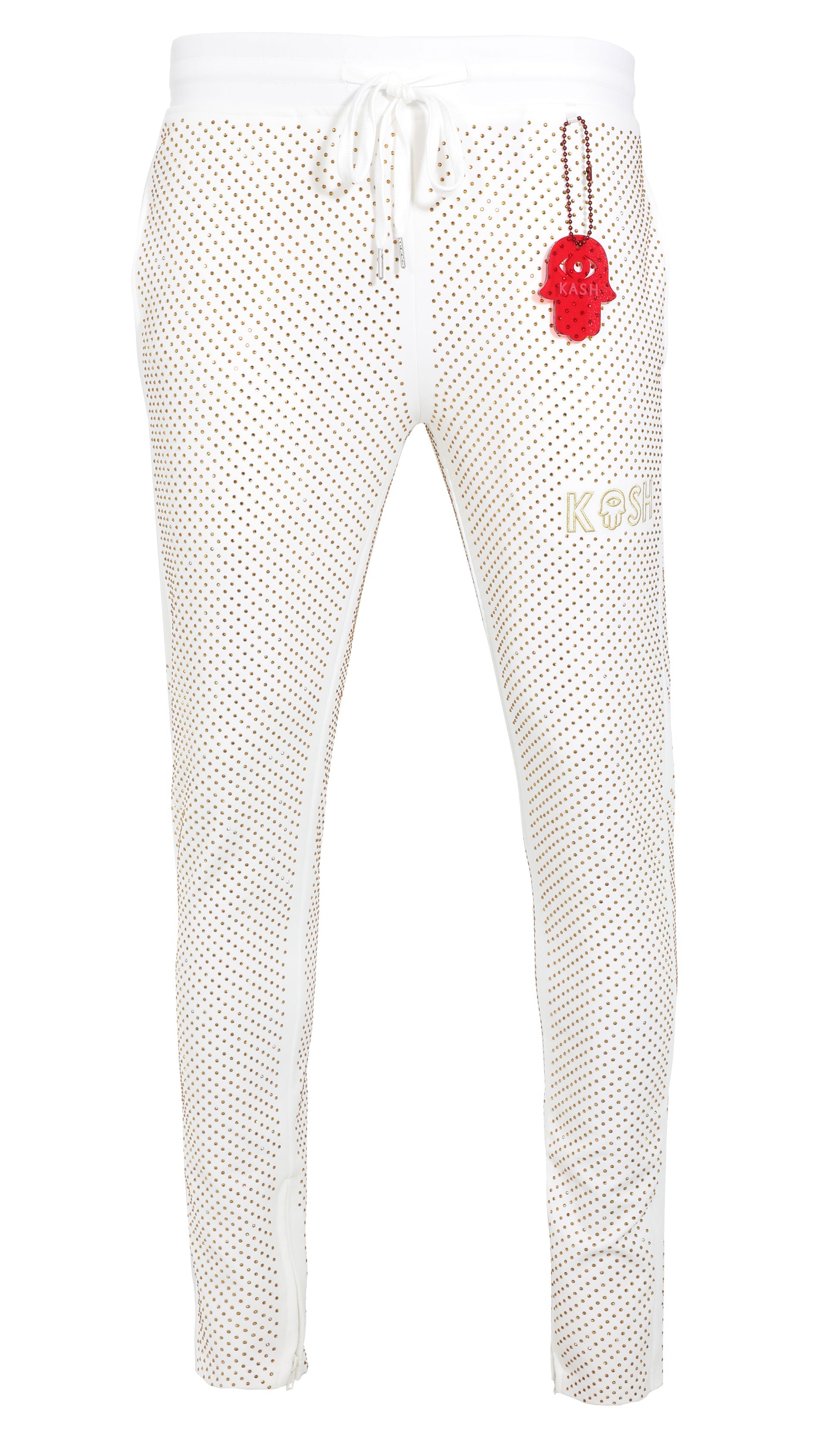 Kash Crystal Track Jacket with Hamso Logo 2.0 Elastic Waistband Drawstring closure Color: White and Gold Crystals 100% Polyester Wrinkle Free Material Fits true to size