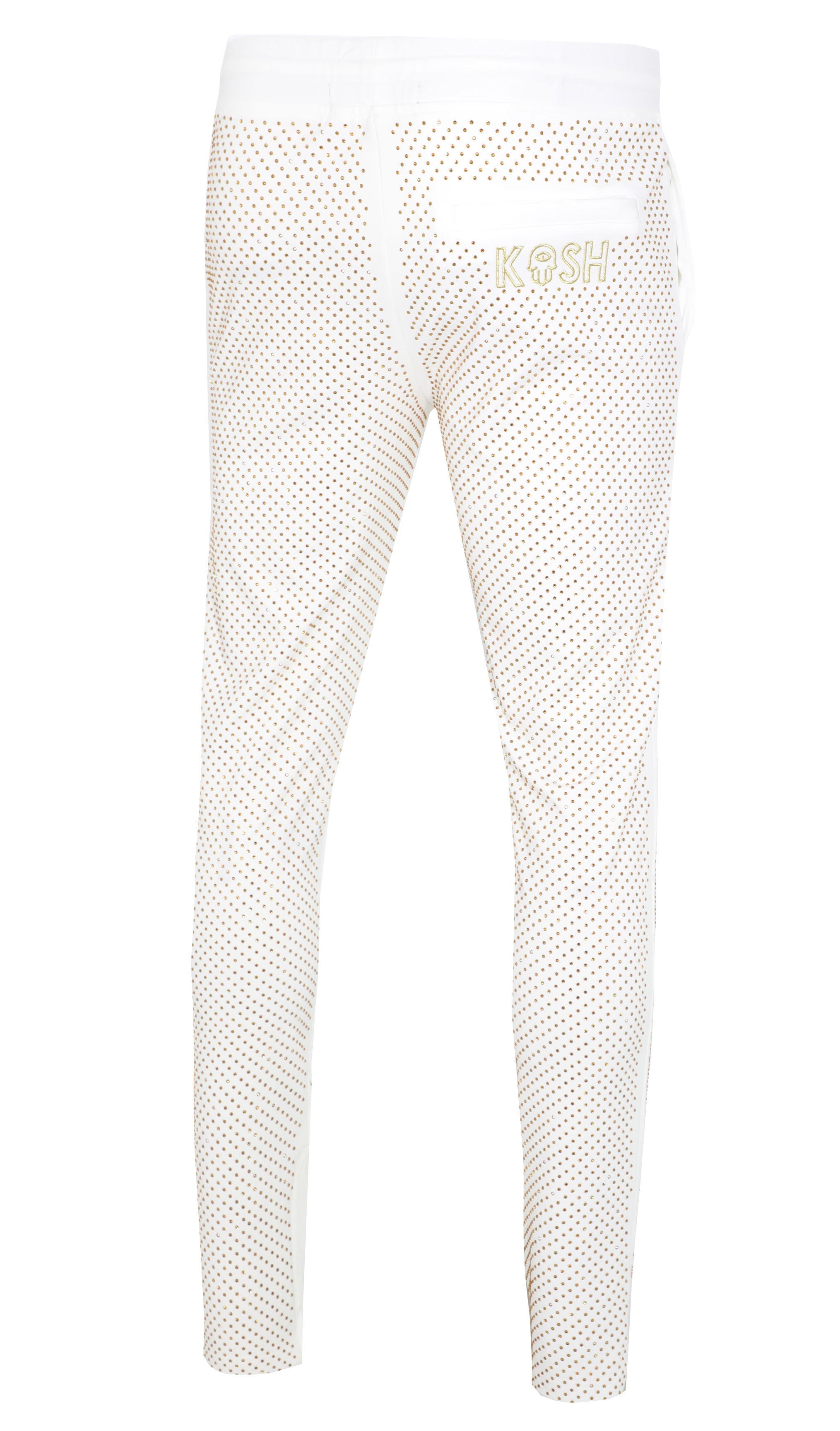 Kash Crystal Track Jacket with Hamso Logo 2.0 Elastic Waistband Drawstring closure Color: White and Gold Crystals 100% Polyester Wrinkle Free Material Fits true to size