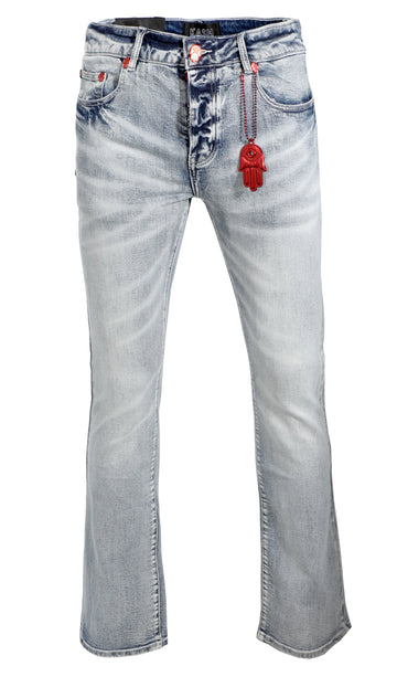 Light Wash Stacked Denim W/Hamsa Pocket- Blue