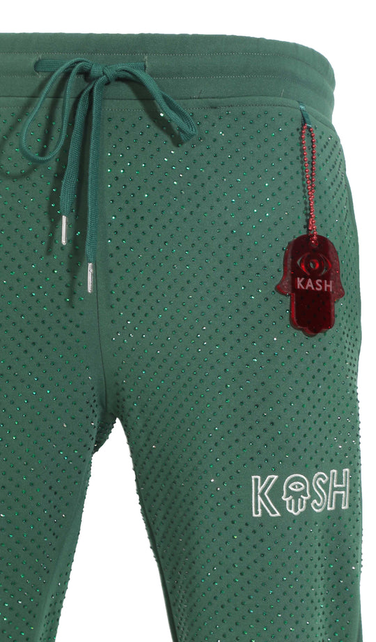 Kash all over diamond track pants Elastic Waistband Drawstring closure Color: Green 100% Polyester Wrinkle Free Material Fits true to size