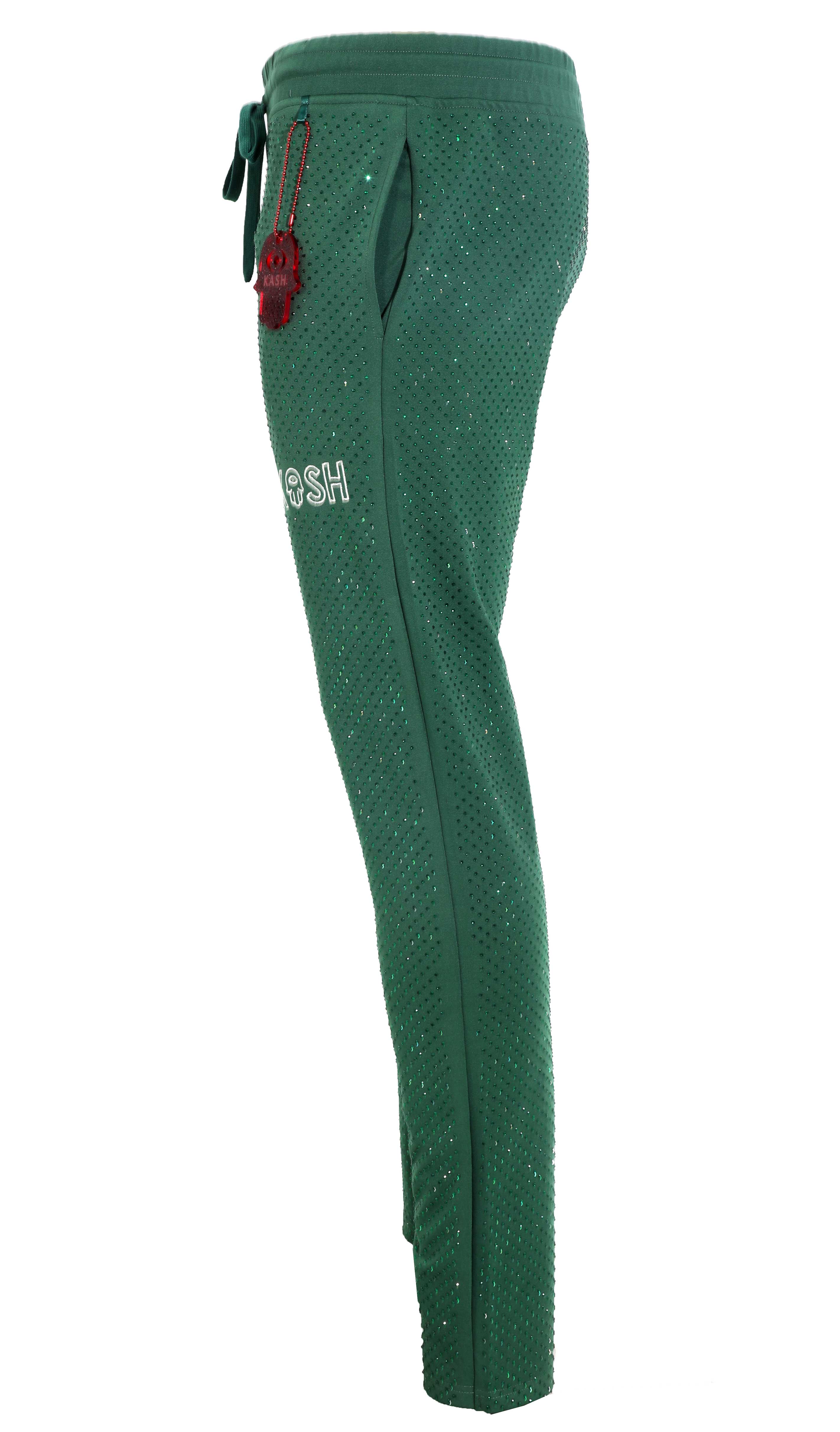 Kash all over diamond track pants Elastic Waistband Drawstring closure Color: Green 100% Polyester Wrinkle Free Material Fits true to size