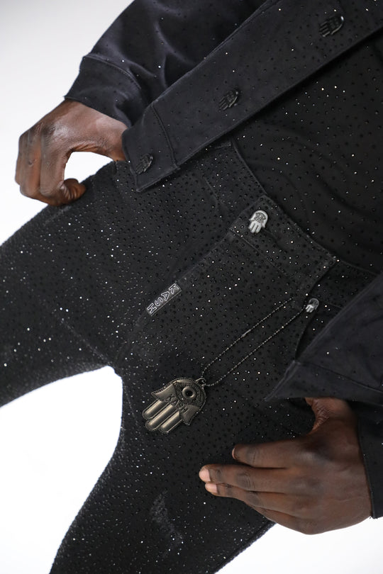 Kash Black Denim Jacket with Black Crystals