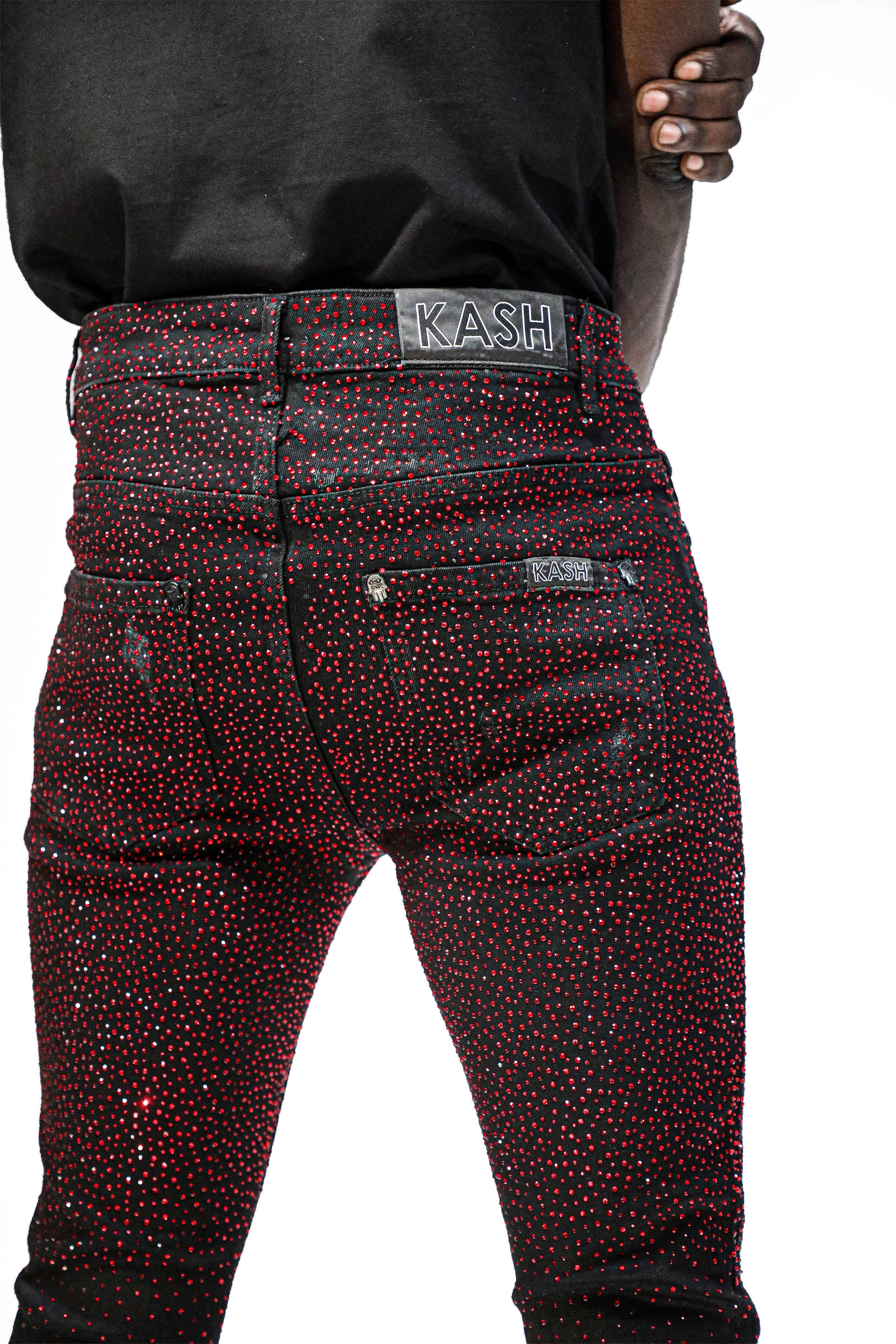 KASH DIAMOND COLLECTION- SLIM FIT BLACK DENIM WITH RED CRYSTALS