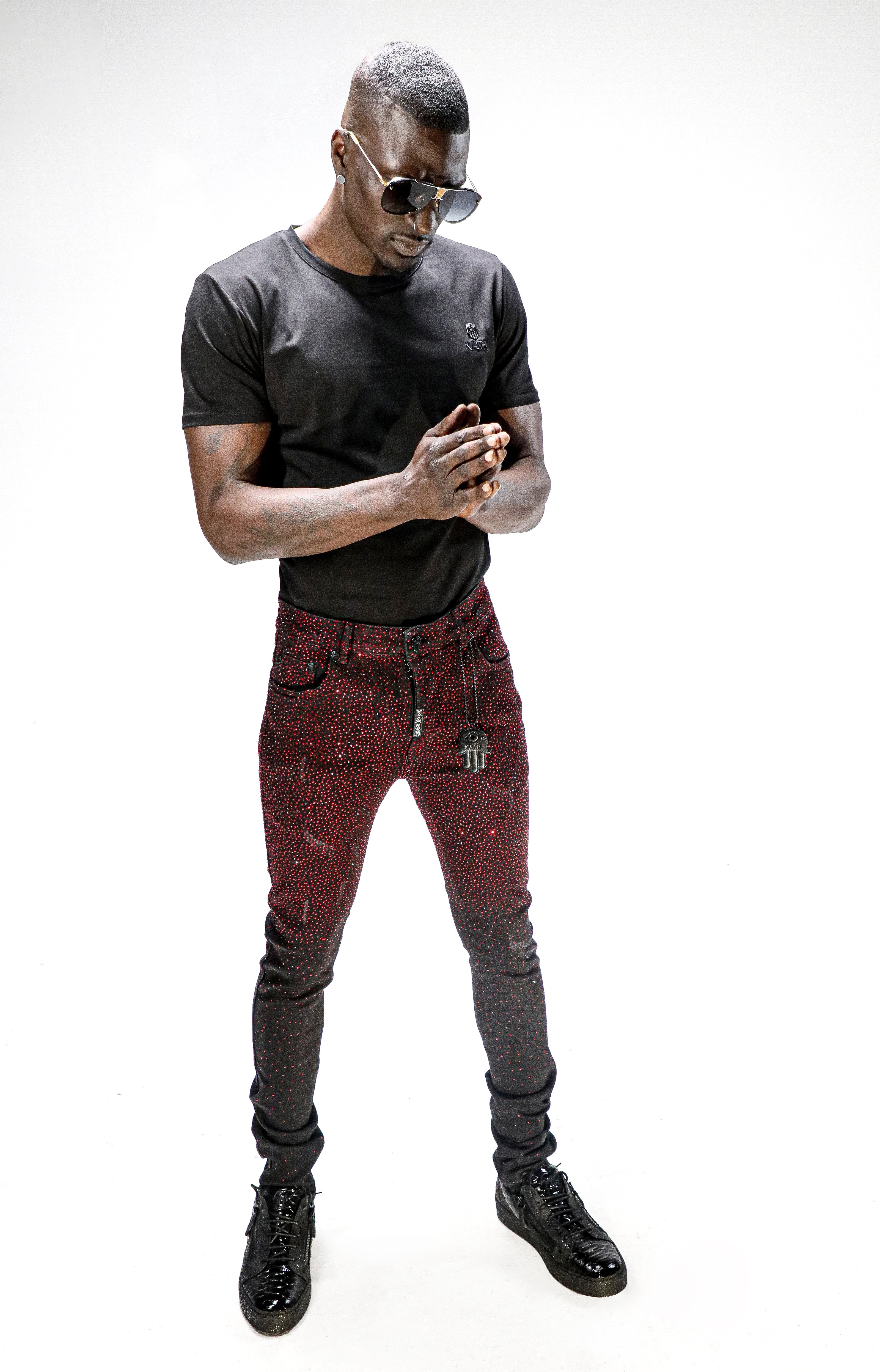 KASH DIAMOND COLLECTION- SLIM FIT BLACK DENIM WITH RED CRYSTALS