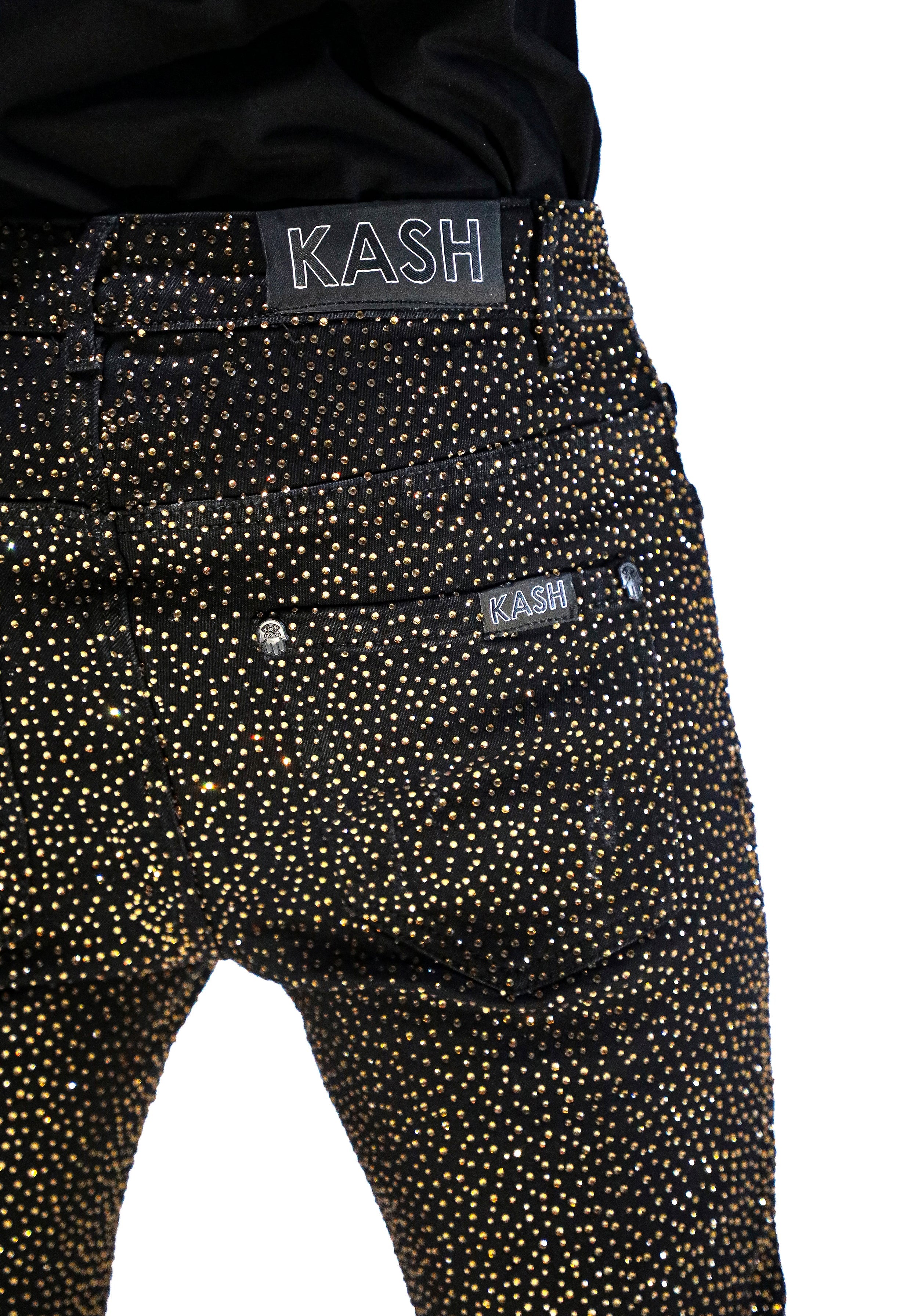 Kash Diamond Collection-Slim Fit Black Denim with Gold Crystals