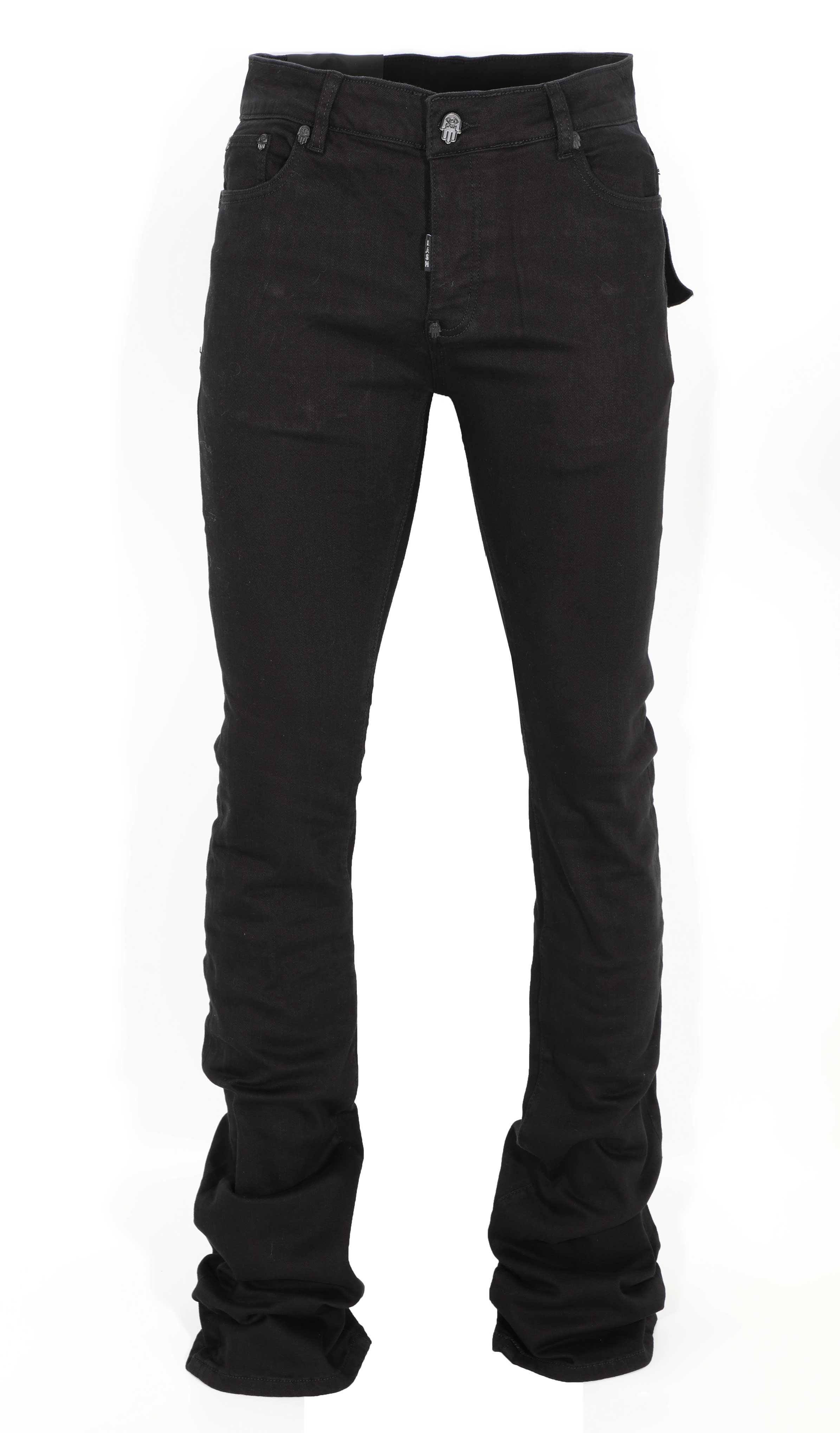 Made of the most luxurious fabrics in the world and worn by international celebrities, KASH is the essence of low-key luxury. The Hamsa, which adorns each Kash design is a universal sign of blessings and protection from the evil eye so you can shine uninterrupted.      Five pockets     Belt loops     Color: Black     Fits true to size     Leather patch KASH on back     Front Small metal  Logo     Removable large 3D Hamsa Fob attached     Fabric: 98% cotton, 2% lyrca