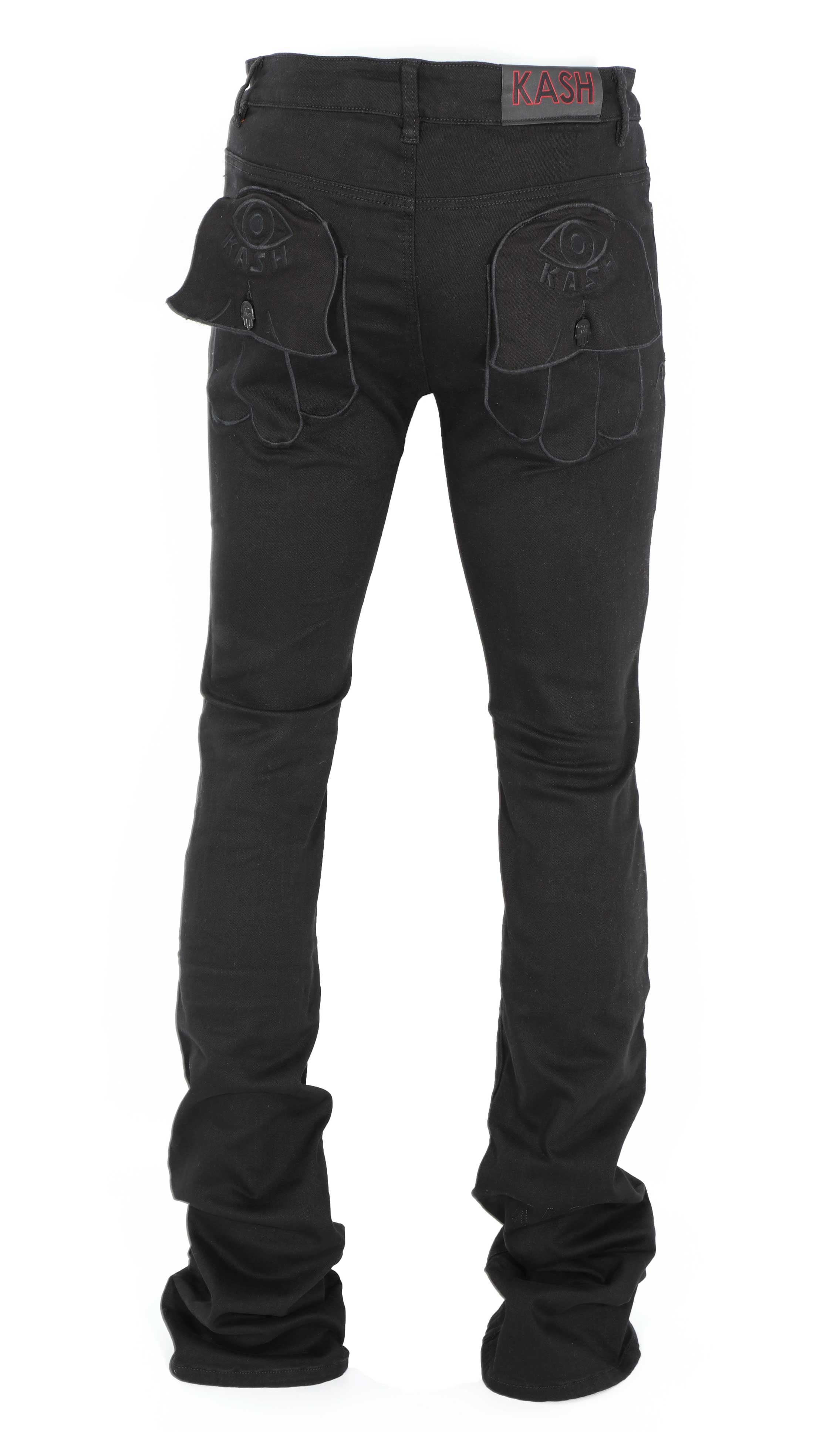 Made of the most luxurious fabrics in the world and worn by international celebrities, KASH is the essence of low-key luxury. The Hamsa, which adorns each Kash design is a universal sign of blessings and protection from the evil eye so you can shine uninterrupted.      Five pockets     Belt loops     Color: Black     Fits true to size     Leather patch KASH on back     Front Small metal  Logo     Removable large 3D Hamsa Fob attached     Fabric: 98% cotton, 2% lyrca
