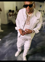 KASH DIAMOND COLLECTION-WHITE DENIM JACKET WITH CLEAR CRYSTALS