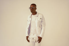 KASH DIAMOND COLLECTION-WHITE DENIM JACKET WITH CLEAR CRYSTALS