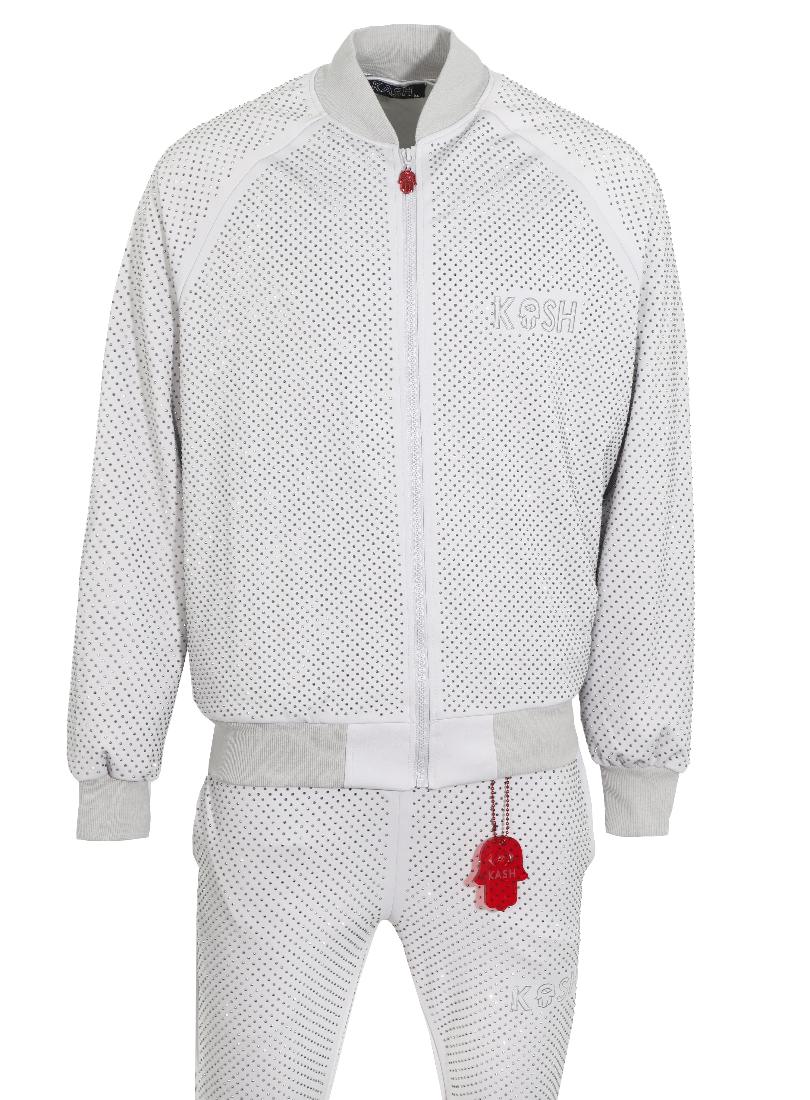 Kash Crystal Track Jacket with Hamso Logo  Zip closure Color: Light Grey 100% Polyester Wrinkle Free Material Fits true to size